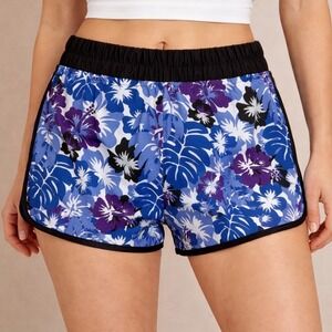 Burnside Women's Blue Floral Athletic Swim One Back Pocket Shorts Size Large